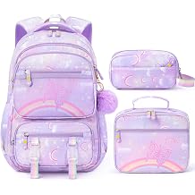 Fimibuke Kids Backpack for Girls, 3PCS Rainbow & Butterflies Teen Girls Backpack with Lunch Box Pencil Case, Cute Purple Bookbag School Bag for Kindergarten Elementary Middle School Student Ages 5+