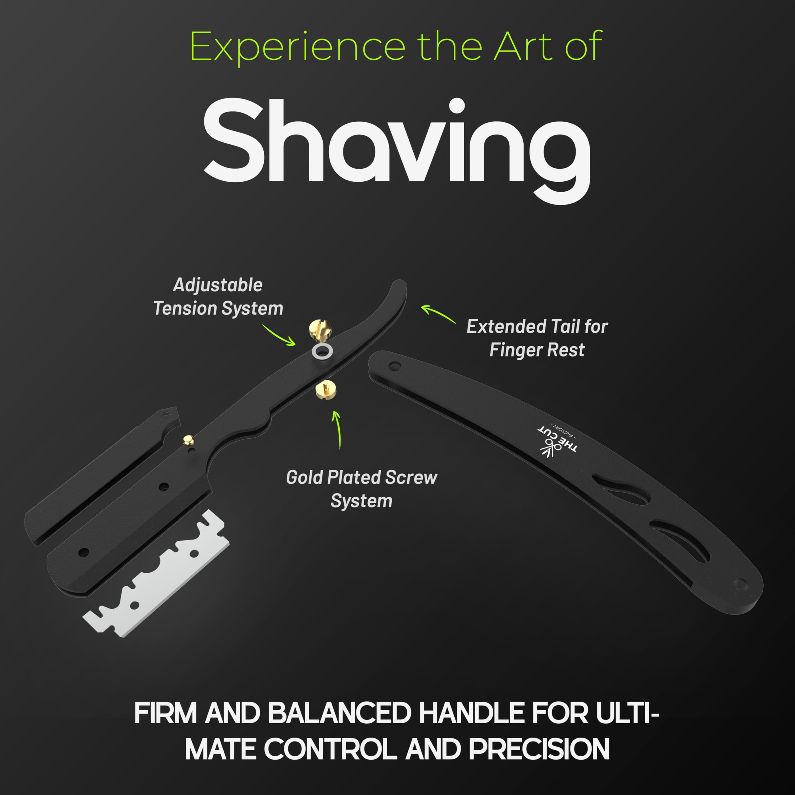 The Cut Factory Exquisita Line - Navaja de afeitar para hombre con cuchillas ultraafiladas de un solo filo, revestimiento negro mate, con bolsa de piel y caja de regalo