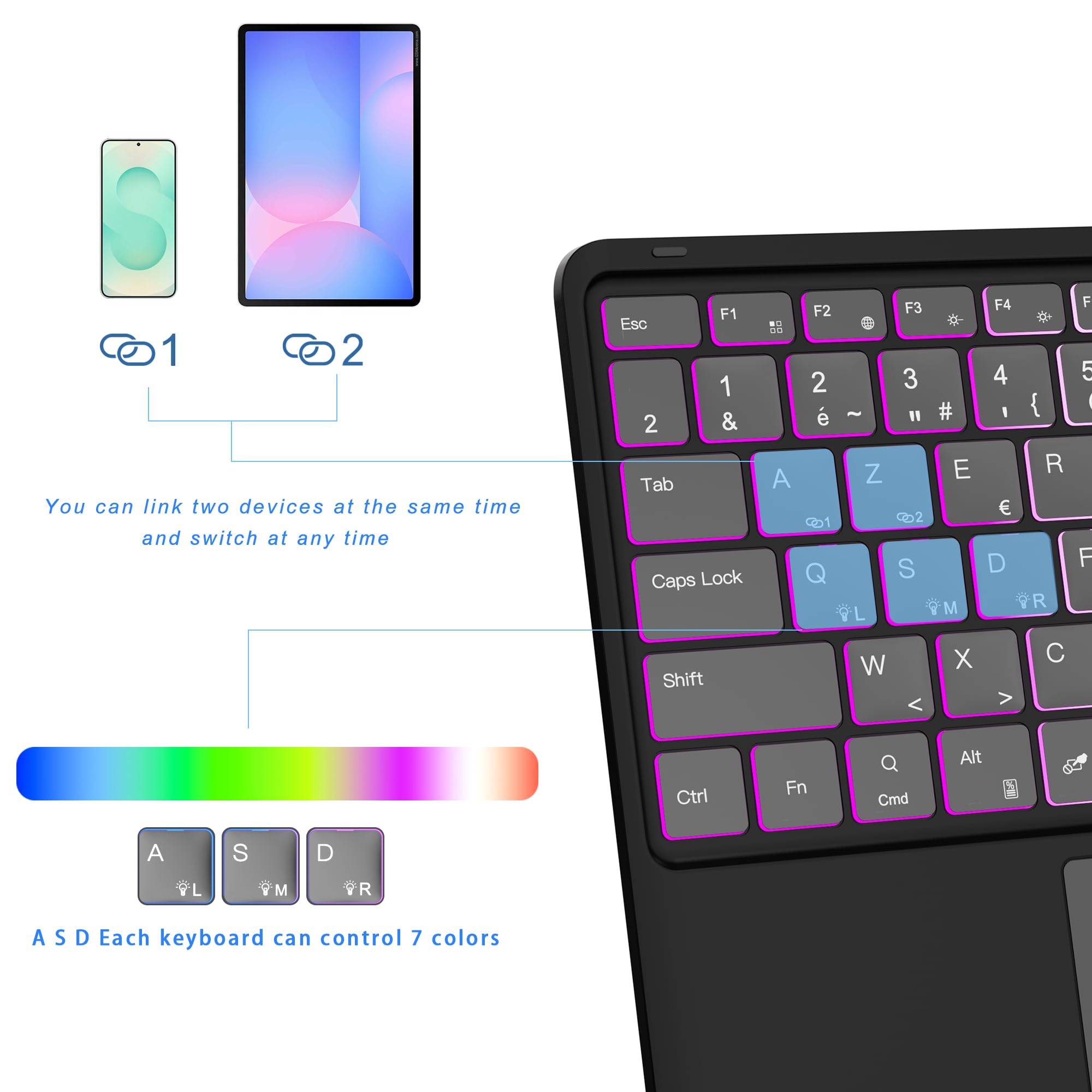 Cover per tastiera per Samsung Galaxy Tab S10 FE+ Plus 13.1": tastiera retrattile a 3 zone 7 colori per Galaxy Tab S10 FE+ 5G 2025 - Tastiere Azerty francese senza fili rimovibile con supporto per