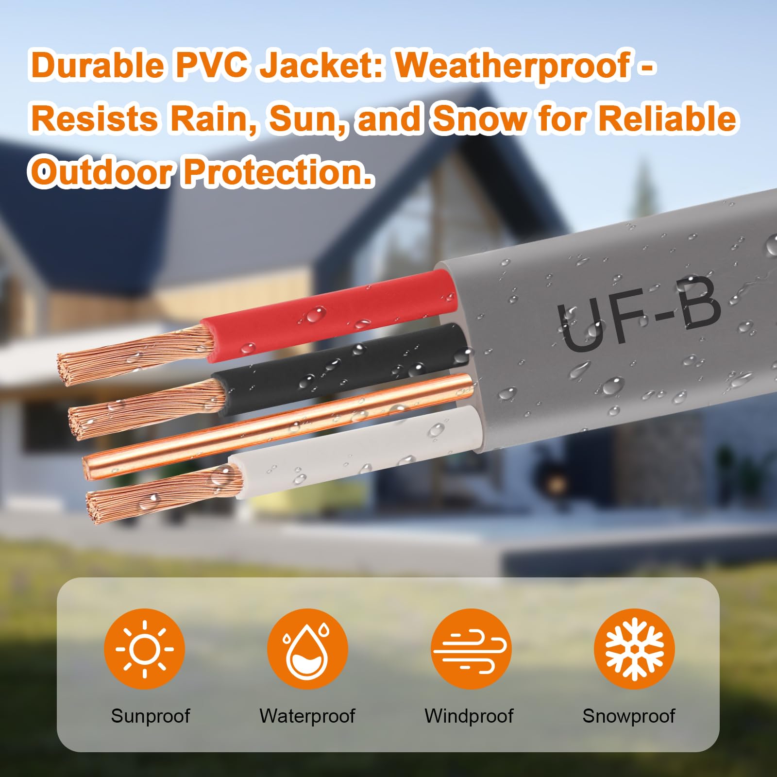 UF-B 10/3 przewód elektryczny do pogrzebu bezpośredniego 10 Gauge 15 stóp, 100% czysta miedź, 10 AWG, 3 złącza do podajnika podziemnego, wilgotnych lub korozyjnych miejsc, wewnątrz i
