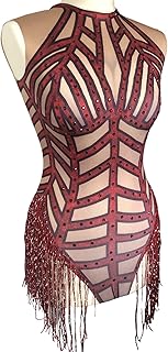 Tassel, Nude, Sparkly Bodysuit Leotard in Red for Dancer, Aerialist, Gymnasts and Circus Performers