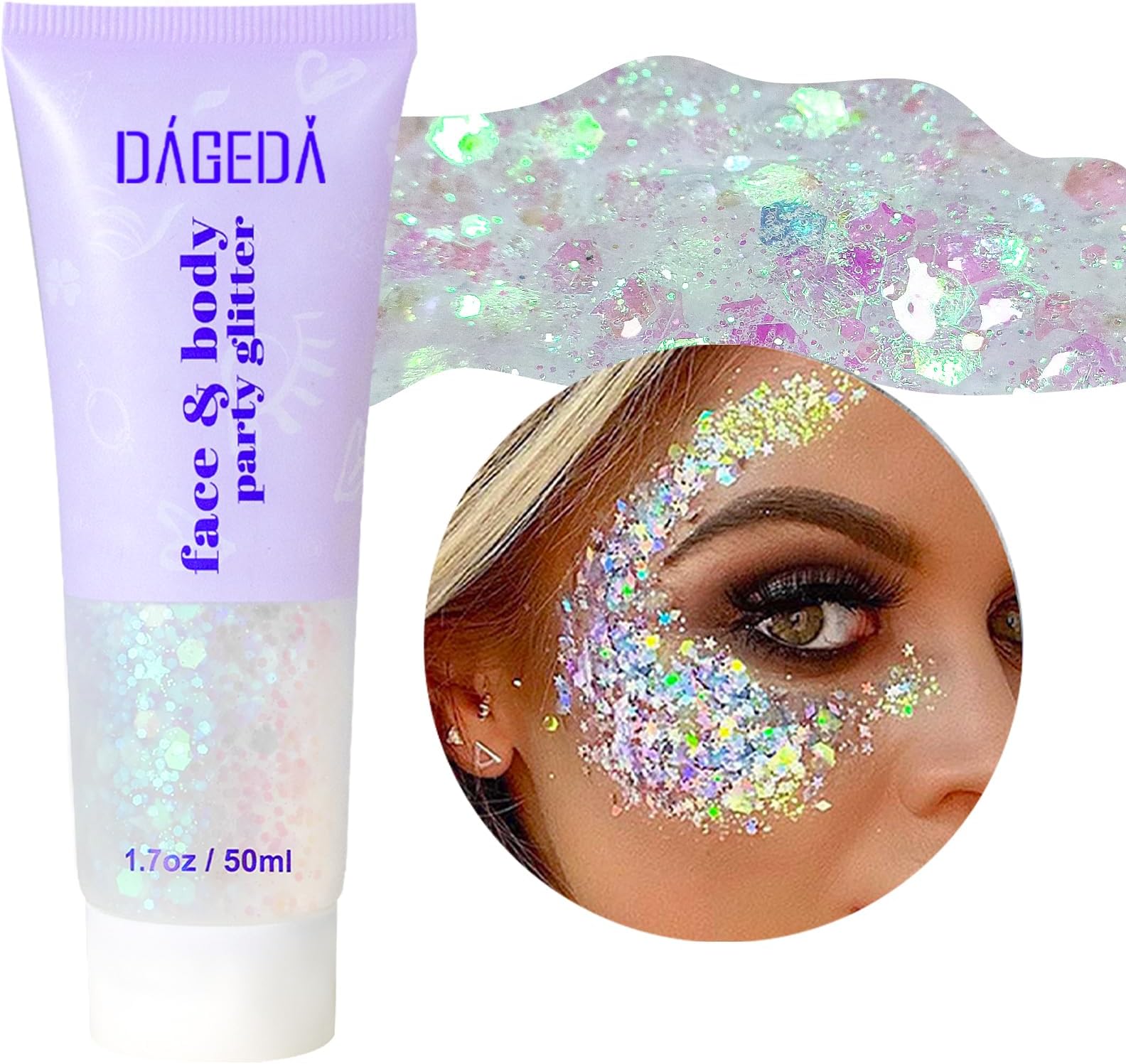 Prreal Body Glitter Gel 50ml, Face Glitters Body Gel Sequins Shimmer Liquid Eyeshadow, Chunky Glitter for Face Hair Nails, Holographic Cosmetic Laser Powder Festival Glitter Makeup#White