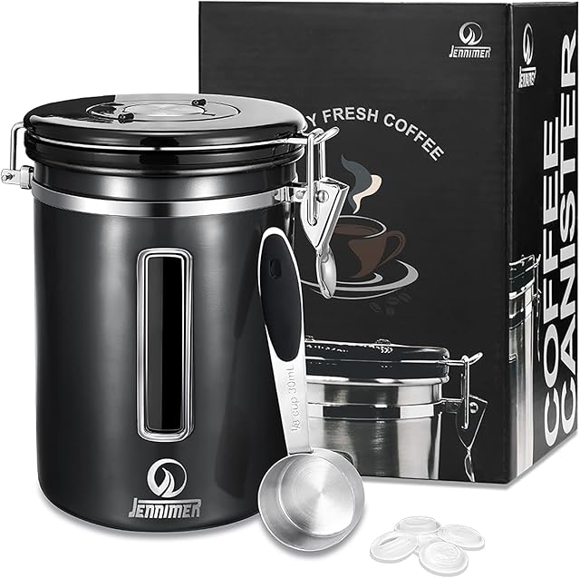 JENNMIER Coffee Stainless Steel Container Large with Transparent Window Canister Fresher Beans and Grounds for Longer Canister with Date Tracker, CO2-Release Valve and Measuring Scoop (Black)