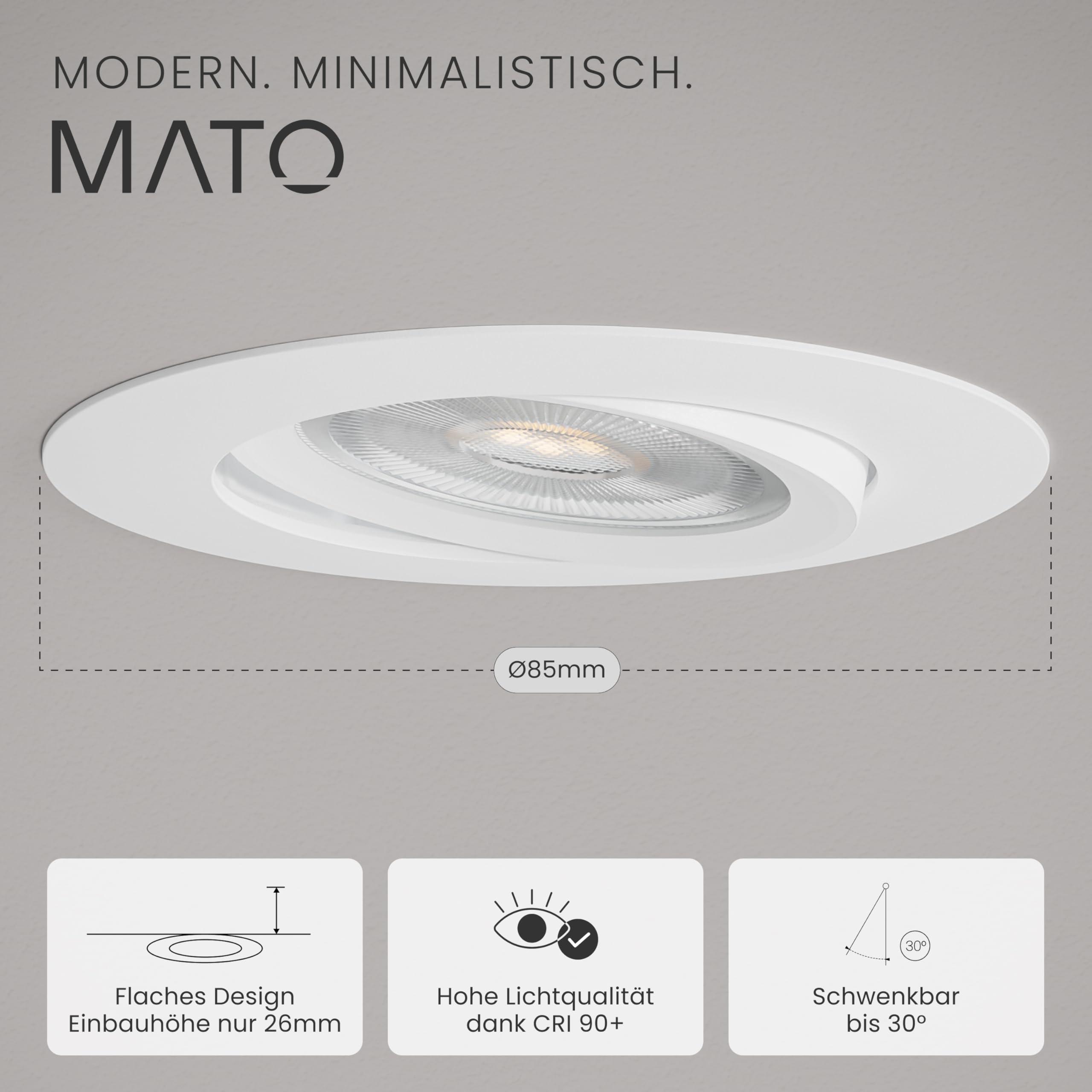MATO 6x LED Einbaustrahler 230V Dimmbar 5W - 30° Schwenkbare, flache Spots 75mm Lochmaß - IP20 Einbauleuchten Deckenspots für Innenräume - Einbauspots Lichtfarbe umschaltbar, CRI 90+, 510lm