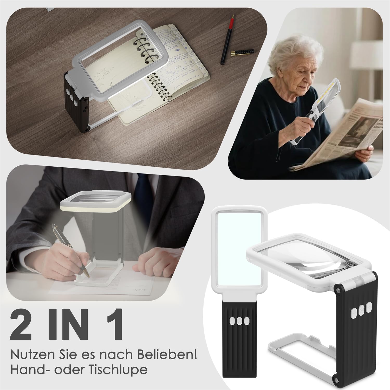 15X Lupe mit Licht und Ständer, Echtglaslinse Leselupe, Wiederaufladbare, Faltbare Große Handlupe, 3 Farbmodi Dimmbare, Beleuchtete Seitenlupe für Senioren, Juwelier - Weiß Schwarz
