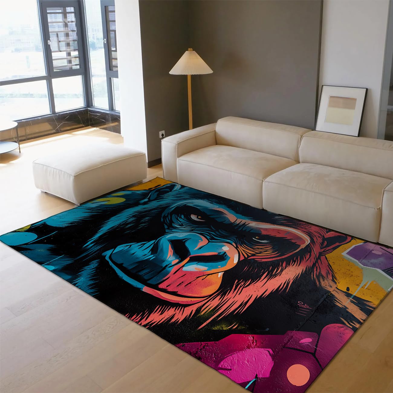 Tapis de salon gorille pour chambre et cuisine décoration moderne format 100x150cm