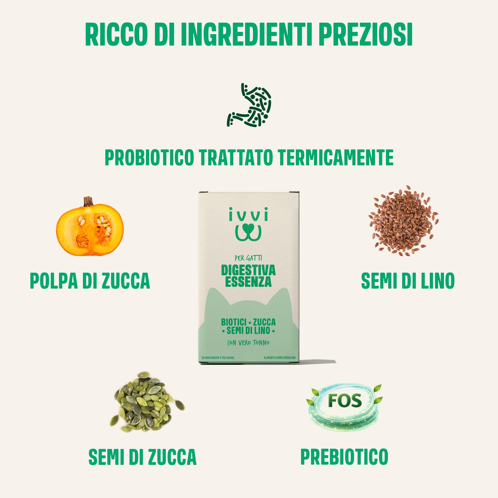 ivvi Essenza Digestiva per Gatti – 30 Snack Cremosi con Tonno, Zucca, Semi di Lino e Postbiotico derivato da Probiotici – Digestione, Flora Intestinale e Benessere – 450 g
