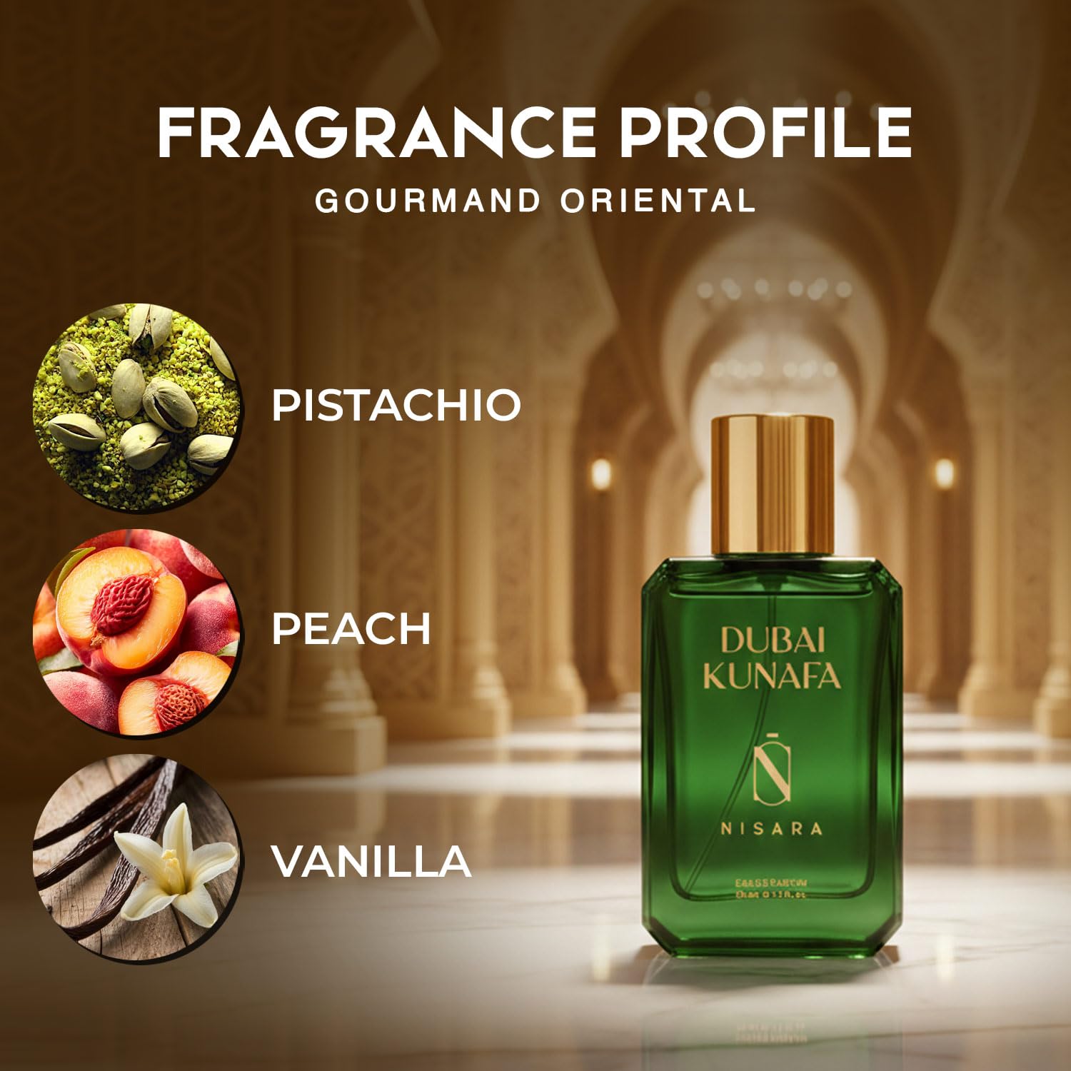 Nisara Dubai Kunafa Eau De Parfum Gourmand Oriental Sweet Luxury Perfume with Pistachio, Peach, Jasmine, Vanilla & Chocolate Notes | Long Lasting Unisex Fragrance | Premium Dessert-Inspired Scent for Evening & Special Occasions (EDP)