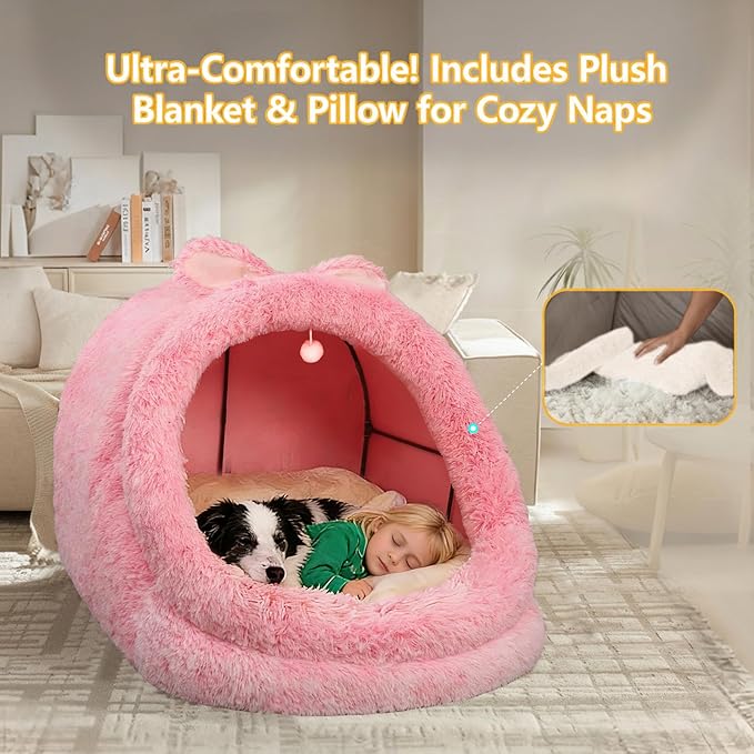 Cama Redonda Grande para Perro y Gato con Dosel y Orejas Lavable miniatura 10