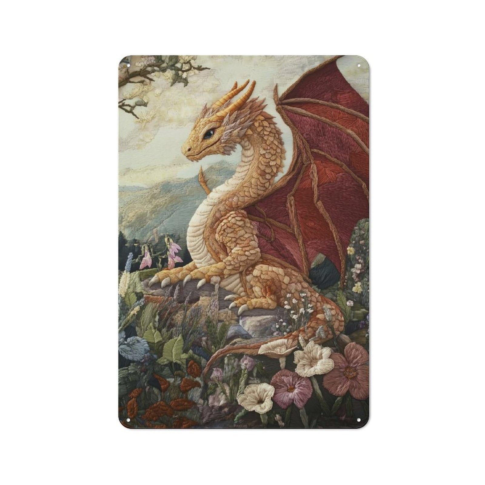 Junmoney Embroidered Dragon In Garden Printed Metal Sign 30X20cm For Café Or Restaurant, For Hospitality Interior Collectors