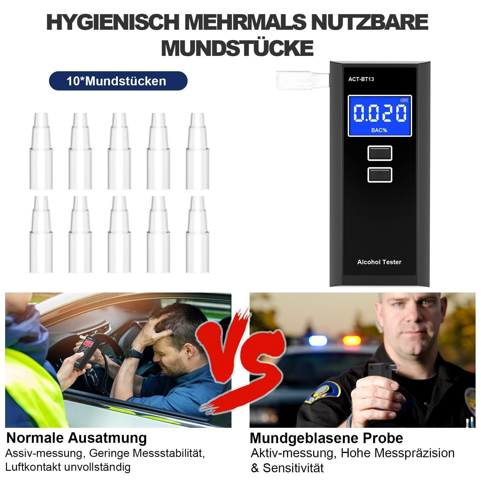 Alkoholtester mit 10 Mundstücken Tragetaschee - Präziser Tragbarer Alkotester, Digitales LCD Alkoholmessgerät, 50 Speicherplätze für Auto & Privat