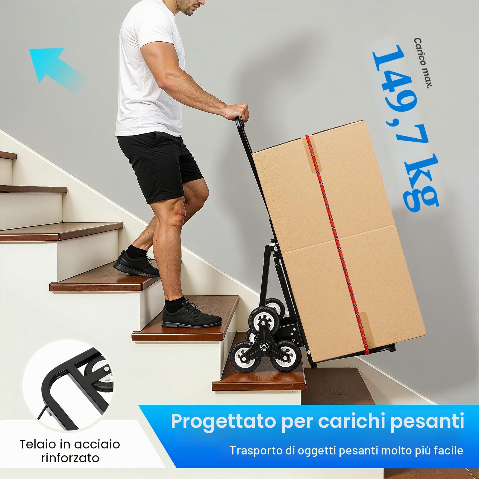 Carrello per salire le scale, pieghevole, carrello per il trasporto di scale, carrello pieghevole in acciaio, portata 150 kg, manico regolabile in altezza, con cavo di fissaggio, per magazzino