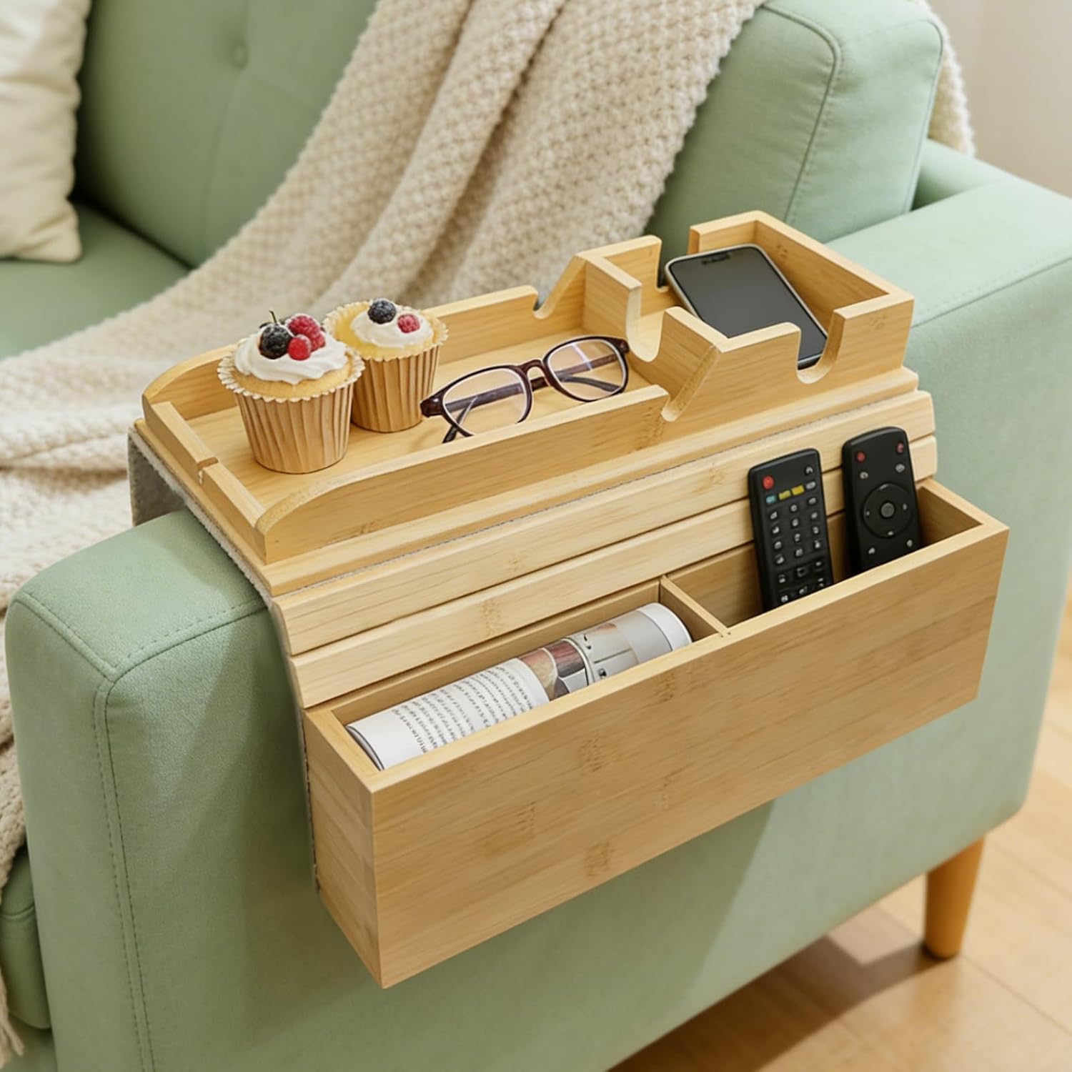 Bamboo Couch Armrest Table with Side Pocket, Anti-Slip Sofa Arm Tray & Tv Remote Holder and Cup Holder Tray, Perfect for Holding Drinks, Snacks, Remotes, Cups, and Phones
