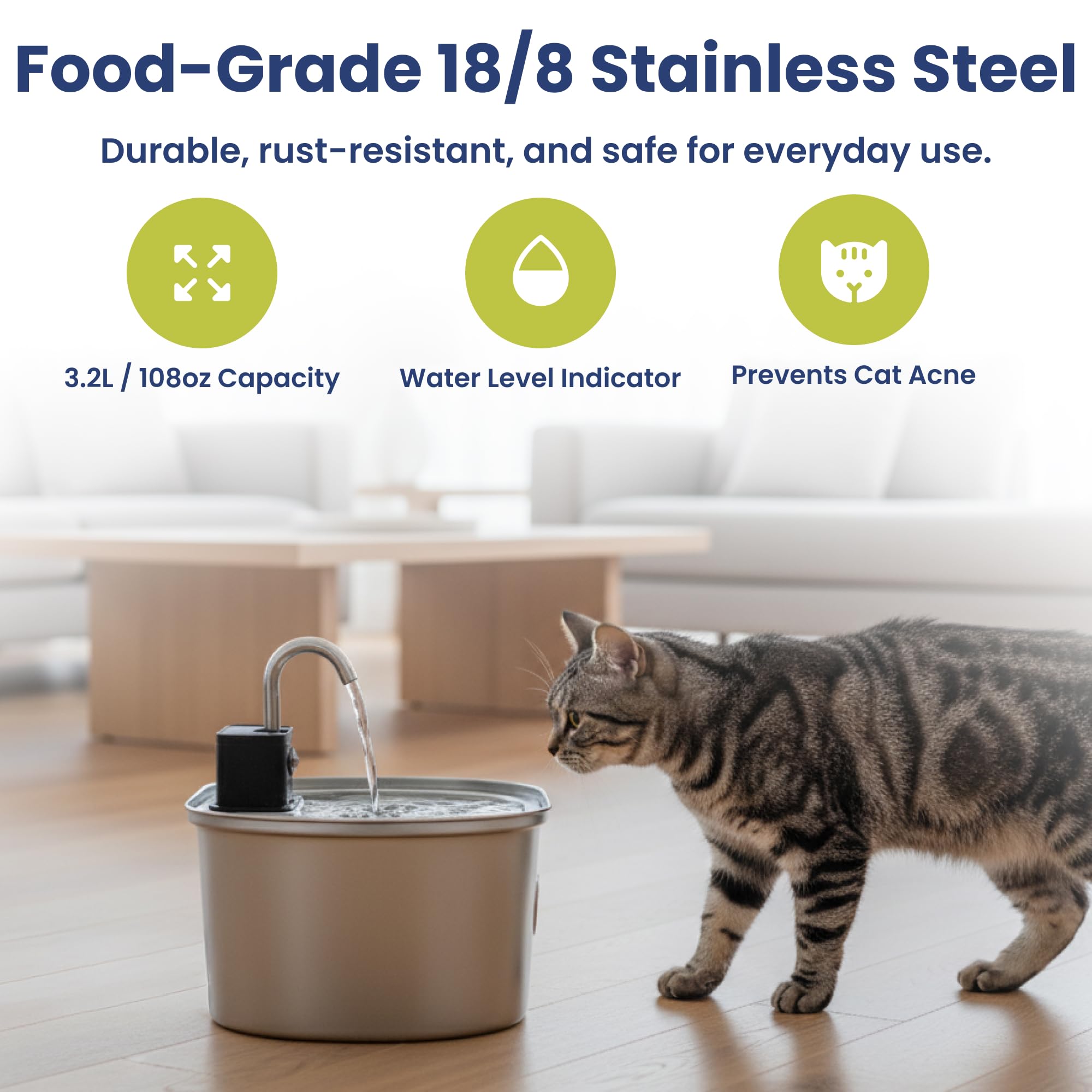 PawsPik Fuente de agua inalámbrica de acero inoxidable de 3.2 L, fuente de agua para mascotas, fuente de agua automática con filtro, sensor de movimiento y 3 modos de flujo para gatos y perros de