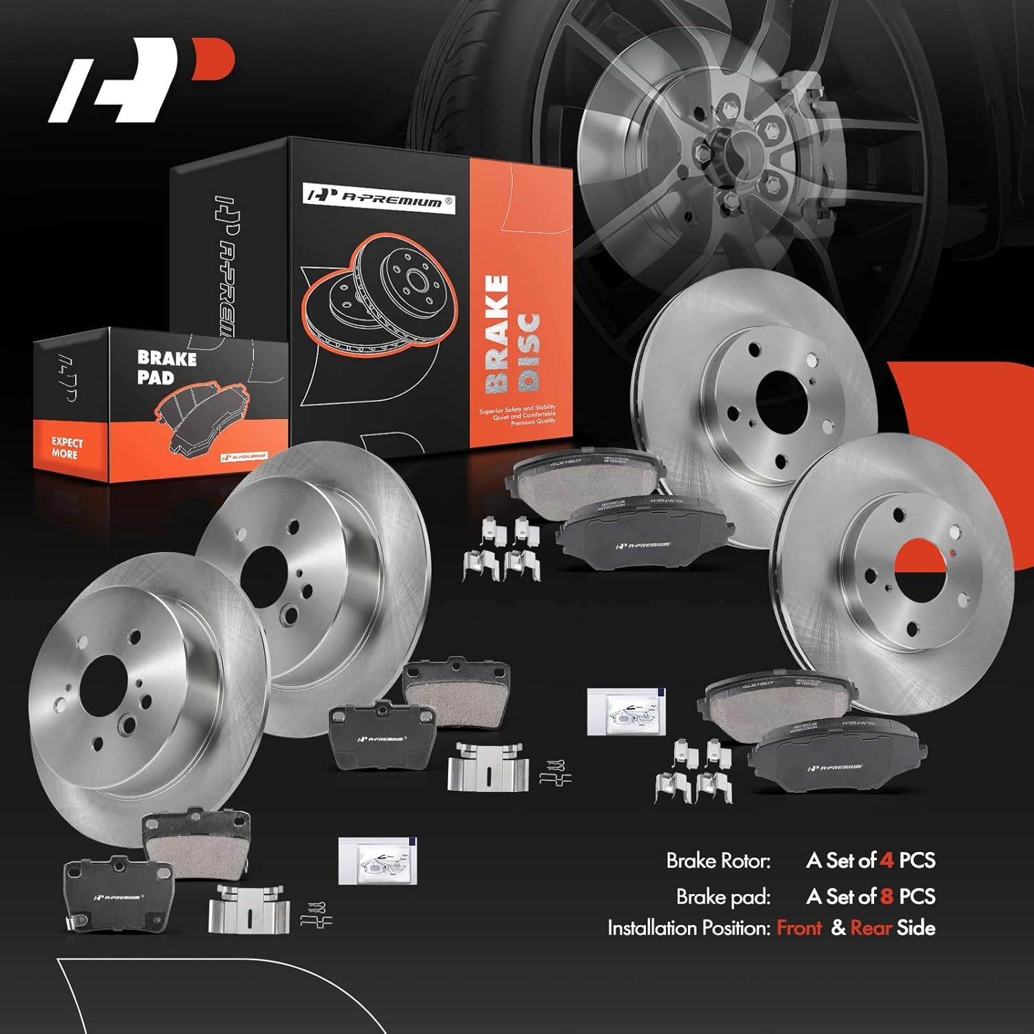 A-Premium Front Vented & Rear Solid Disc Brake Rotors + Ceramic Pads Kit Compatible with Select Toyota Models - RAV4 2004-2005, Not fit EV, 12-PC Set
