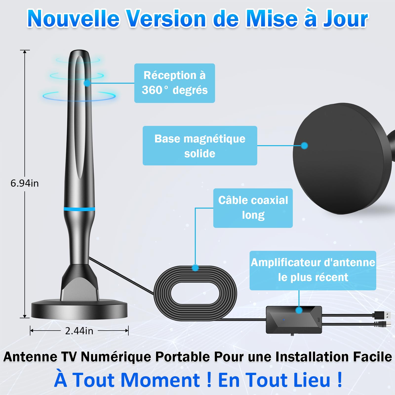 Antenne TV Intérieur Puissante TNT HD, 2026 Puissante Antenne TV Intérieur de Base magnétique puissante - 80KM Réception Longue Portée à 360°, Compatible avec Portable 4K 1080P et Tous Les TVs - Bleu