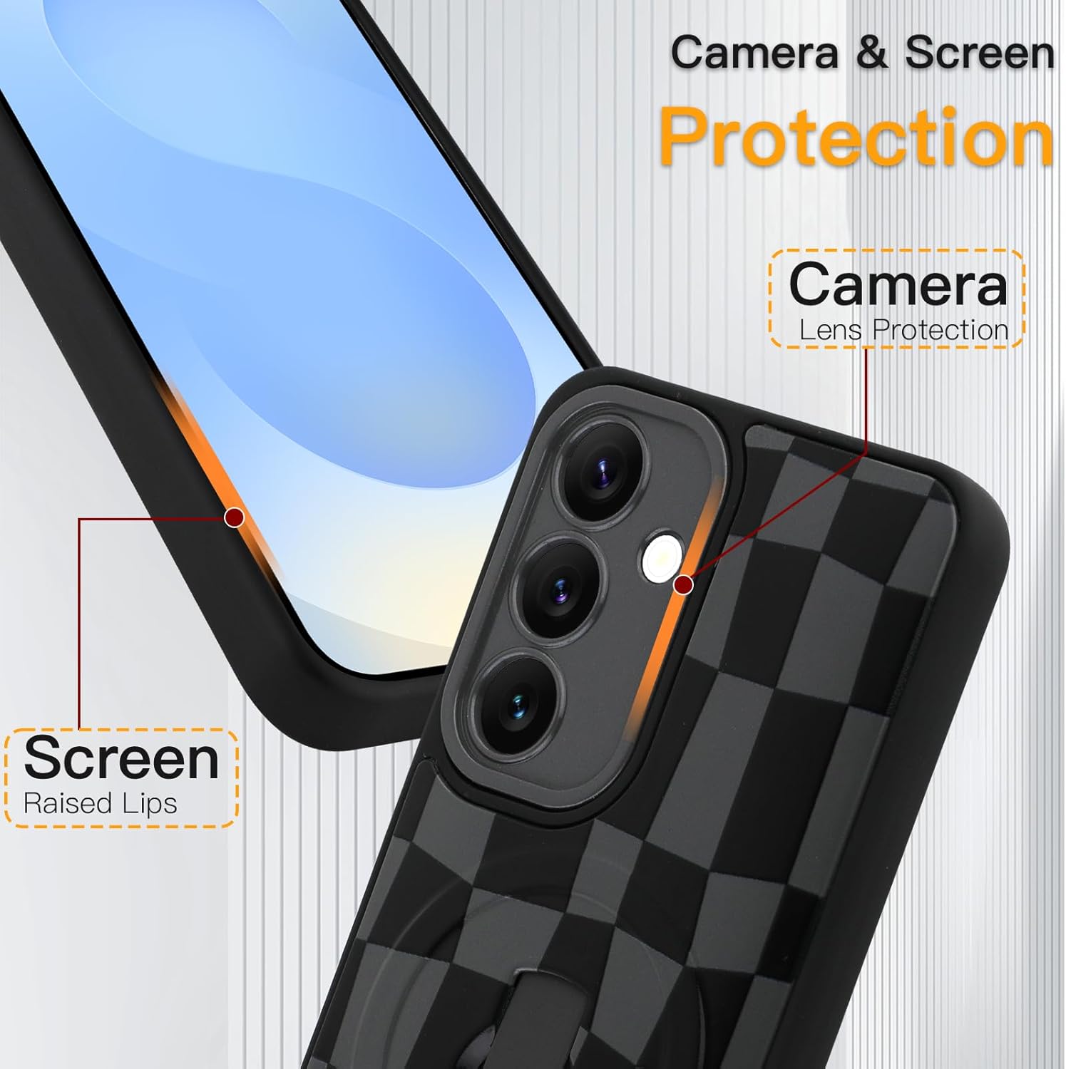 SOKAD Magnetic Checkered Case for Samsung Galaxy S25 with Finger Strap Kickstand, Compatible with Magsafe, Cute Checkerboard Designed for Women Men, Full Camera Protection Cover, Black