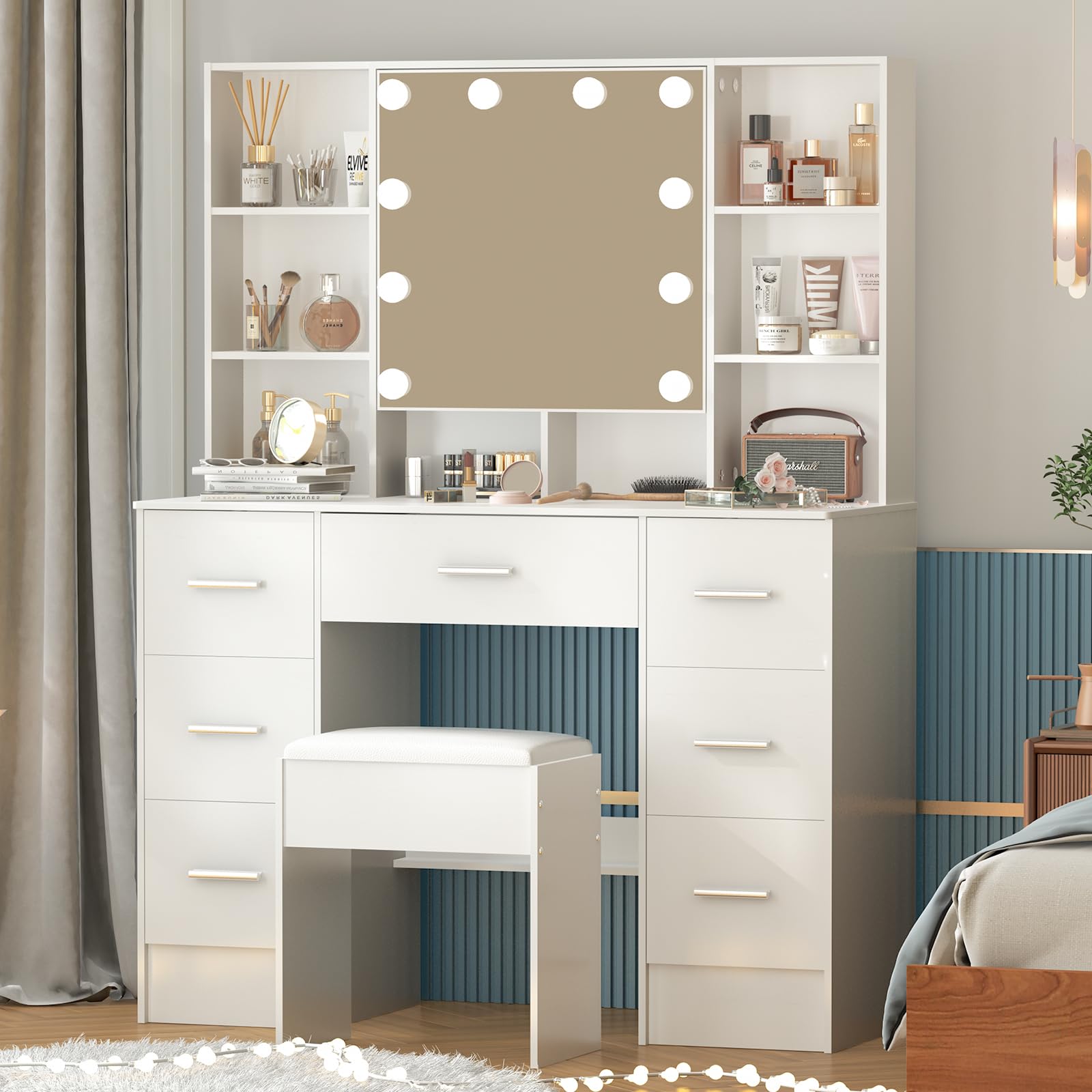 Toaletka z lustrem, toaletka z oświetleniem LED, biurko Vanity do makijażu, 3 kolory z regulacją jasności – 52