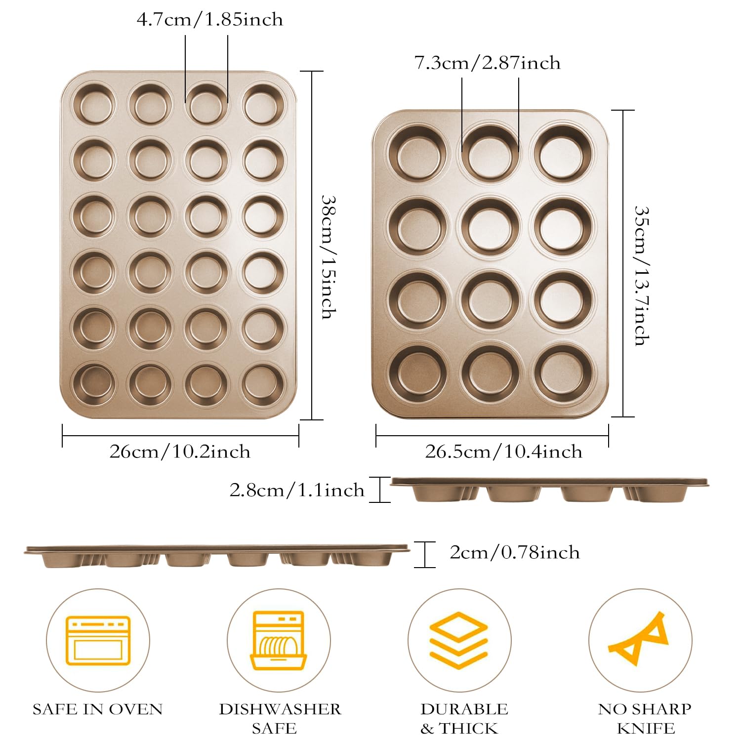 Nsmykhg Molde antiadherente para magdalenas, 4 paquetes de moldes antiadherentes para magdalenas, juego de mini moldes para cupcakes, 12 tazas y 24 tazas de acero al carbono dorado para hornear, molde