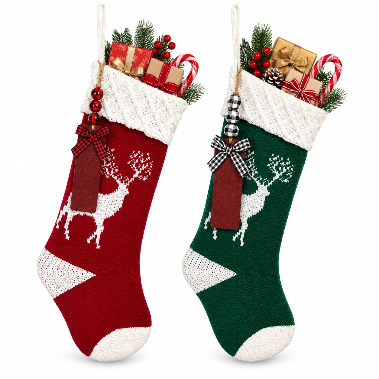 Christmas Stocking, 2 Pack Red Green Knitted Reindeer Large Xmas Socks with 2 Wooden Bead Tags, Traditional Fireplace Ornament for Families, Xmas Presents Home Mantel Tree Holiday Party Decoration