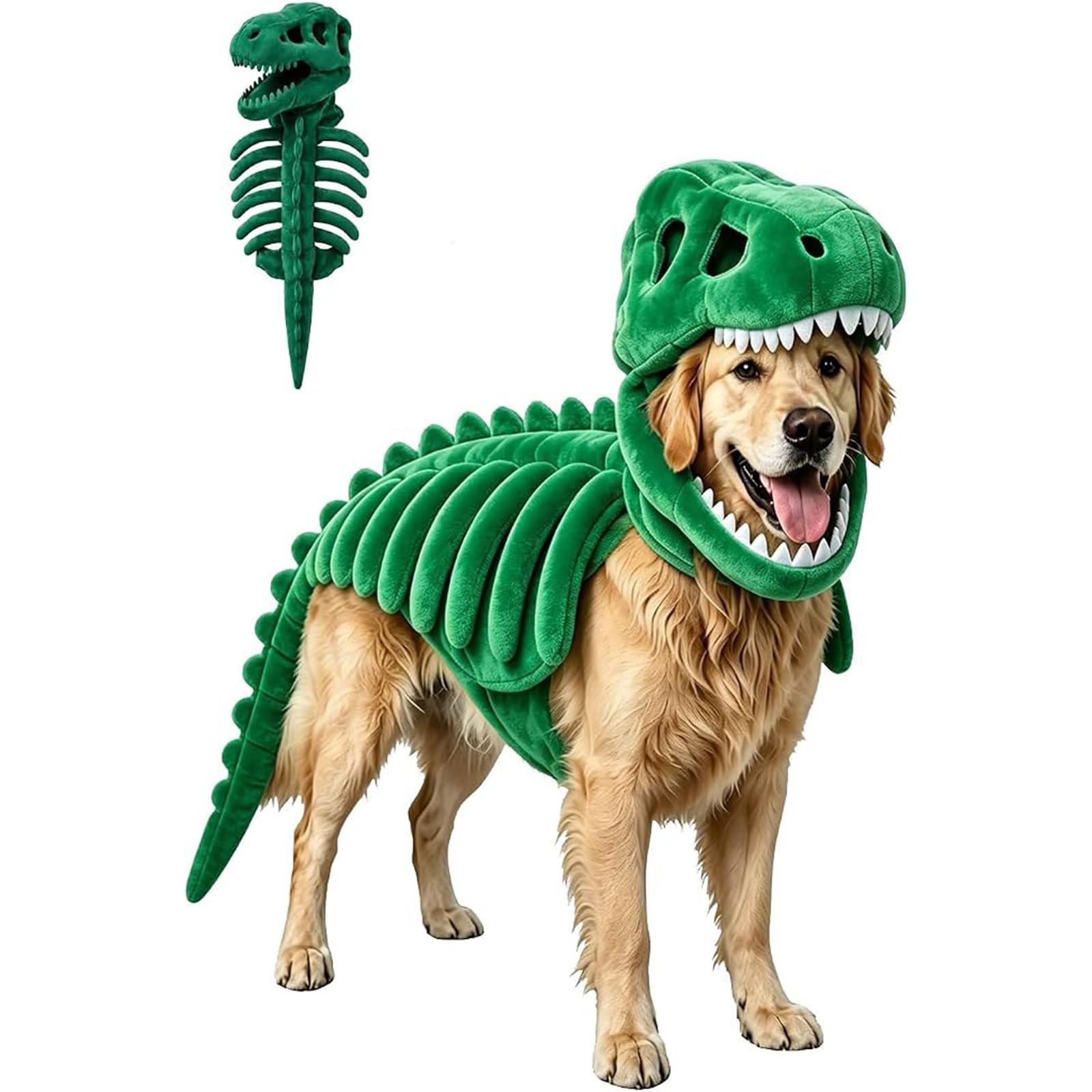 Dinosaur Skeleton Glow in Dark Dog Cat Halloween Pet Hood Outfit Costume 3D Soft Plush Dinosaur Skeleton Costume Cosplay Clothes for Medium & Large Dog and Cats Funny Adorable Party Family，Green,L