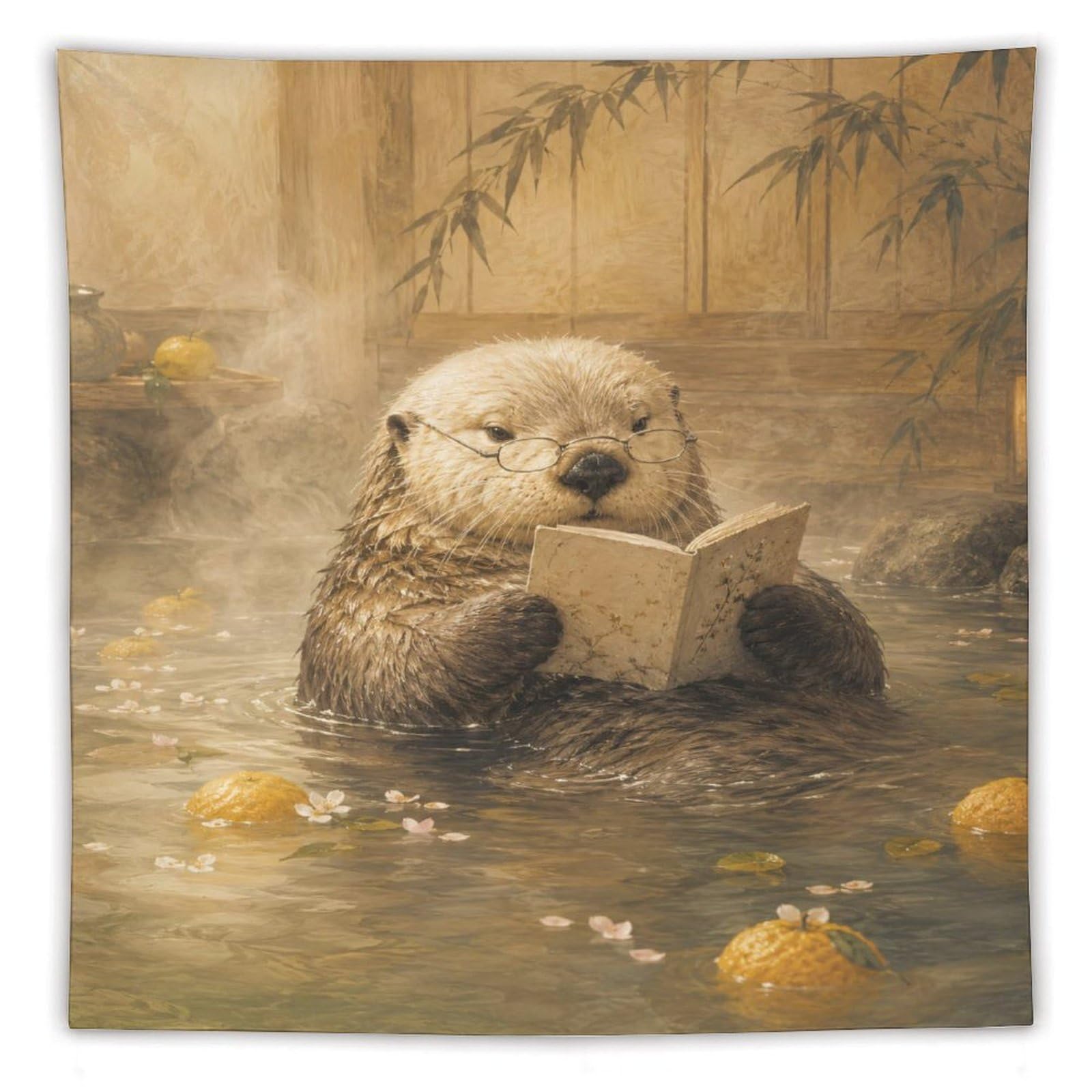 W7C8U2X3 Reading Otter Hot Spring Wall Tapestry, Warm Water Mood
