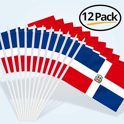 Miniatura 6 de Anley Paquete de 12 mini banderas dominicanas dominicanas en miniatura de mano, resistentes a la decoloración y colores vivos, 5 x 8 pulgadas con