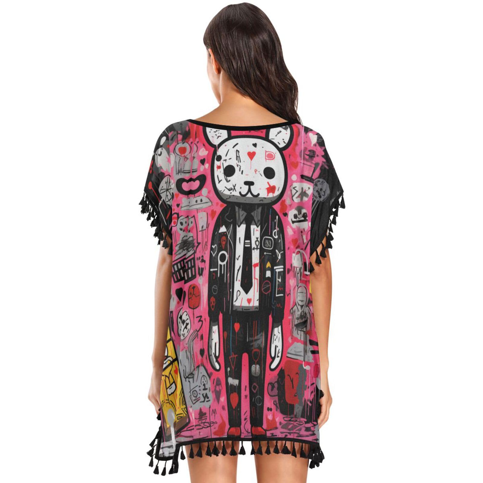 Majestic Bear Rabbits Art Women's Beach Cover Up Chiffon Tassel Swimwear Swimsuit Coverups for Girl