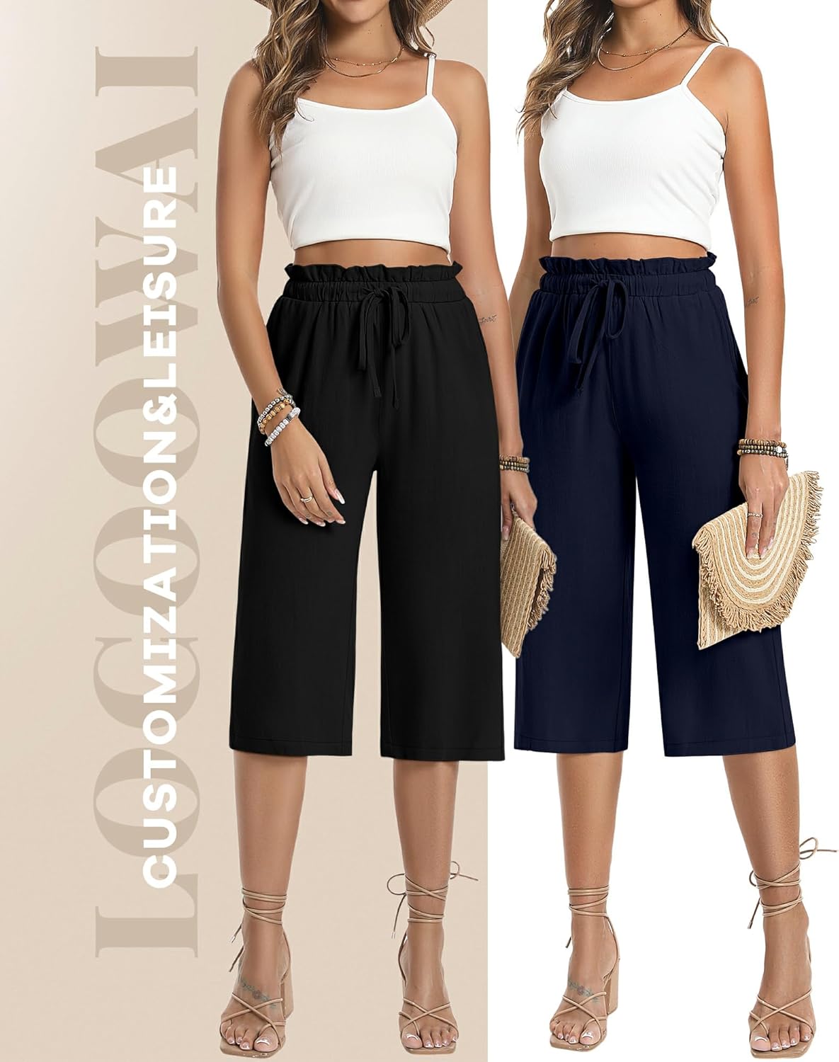 2 Pack Women's Wide Leg Linen Capri Pants Casual High Waist Cropped Palazzo Summer Trousers with Pockets - Image 6