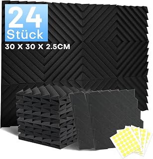 24 Stück Akustikschaumstoff Schalldämmung, 2.5 X 30 X 30CM Achallschutzplatten Akustikpaneele, Schallschutz Schallschutzplatten, Hochdichte Schalldämmung Akustikplatten für Gaming Zimmer und Büro