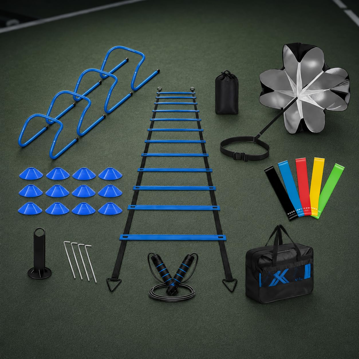 LOVIVER Attrezzatura Calcio Set Allenamento con Agilità Ostacoli Coni Dischi Paracadute Resistenza in PP con Elastici Maniglie Adatta per Scuole Calcio Centri | | nylon | paracadute resistenza - bande - coni | corda, borsa trasporto, finger exerciser, per