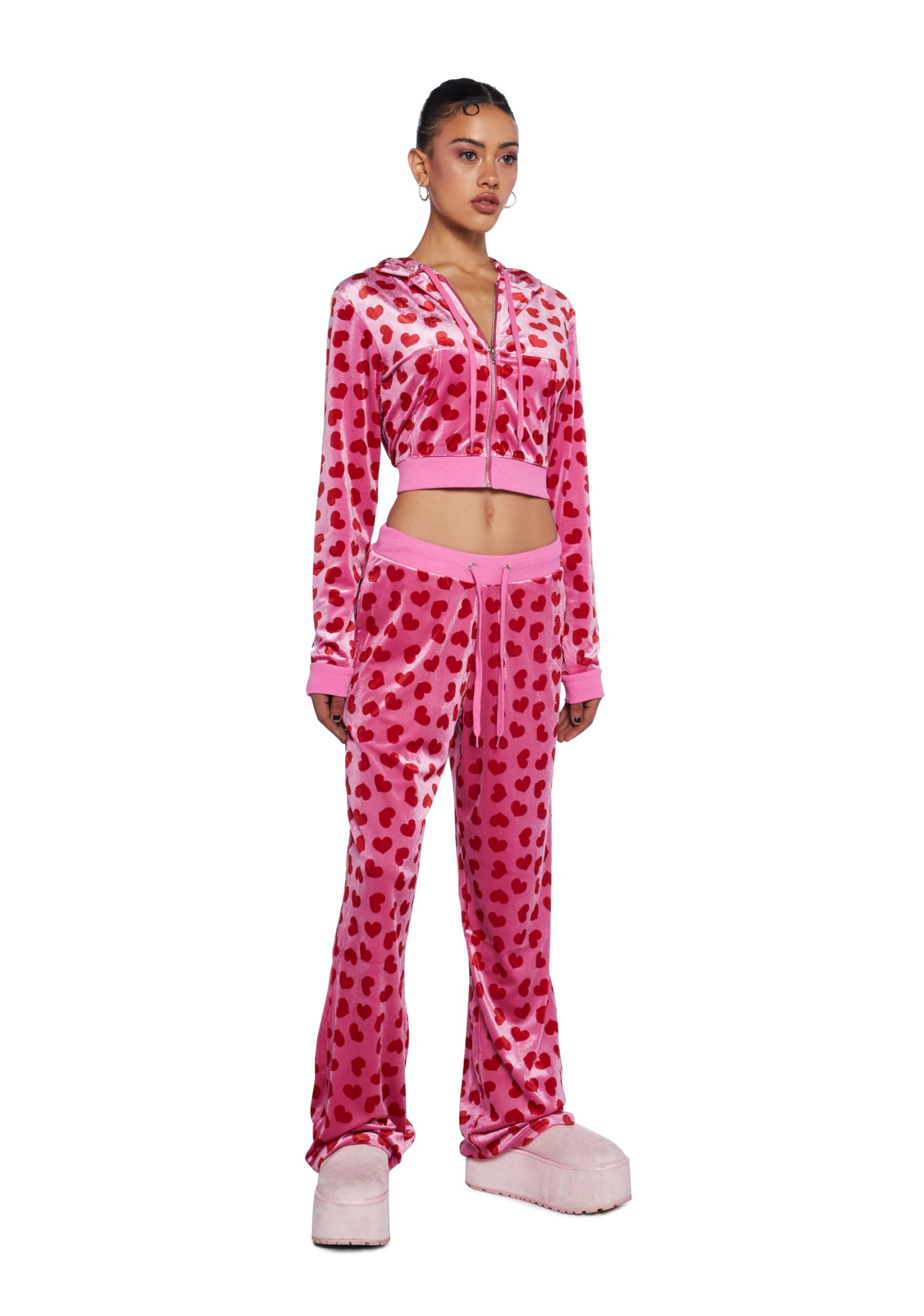 Dolls Kill Loyal Maneater Velour Track Jacket by Sugar Thrillz – Cropped Heart Print Zip-Up Jacket: Pink Small