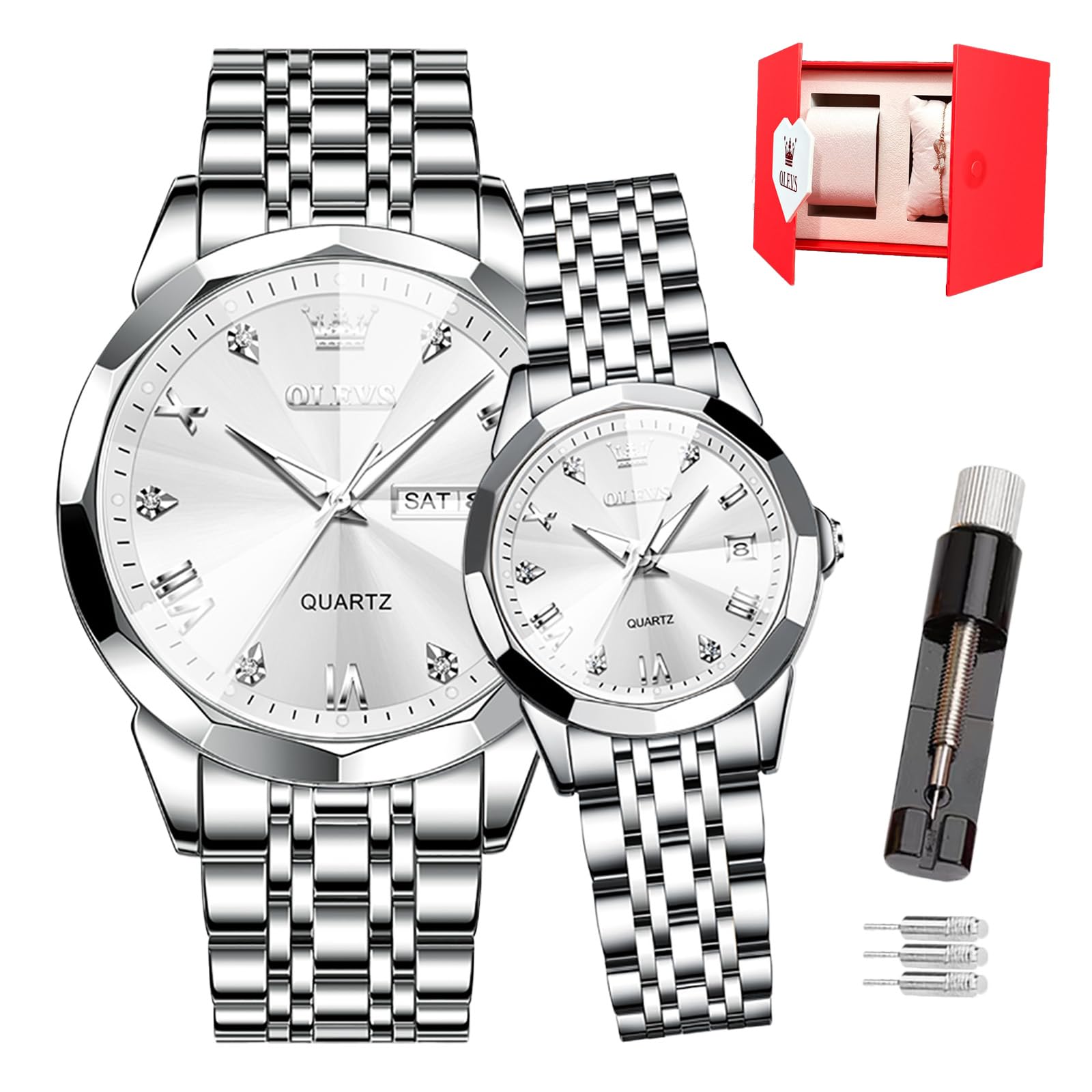 OLEVS Valentines Paar Quarzuhren, 3 ATM wasserdicht, leuchtender Kalender, Datum, lässige Edelstahl-Armbanduhr für Sie und Ihn, für Männer, Frauen, Liebhaber
