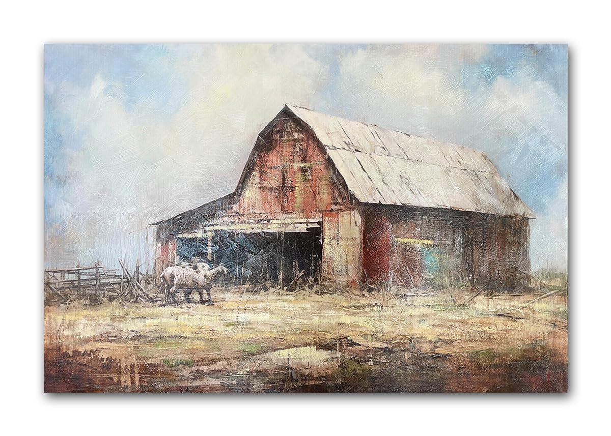 Rustic Canvas Wall Art Old Barn Textured Painting Vintage Farmhouse Wall Decor Pictures For Living Room 36 x 24 Inch
