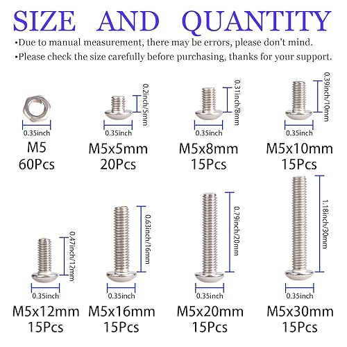 Miniatura 2 de Kit de tornillos y tuercas de cabeza de botón M5 M5 x 0.197 in 0.315 in 0.394 in 0.472 in 0.630 in 0.787 in 0.984 in 1.181 in acero inoxidable 304,