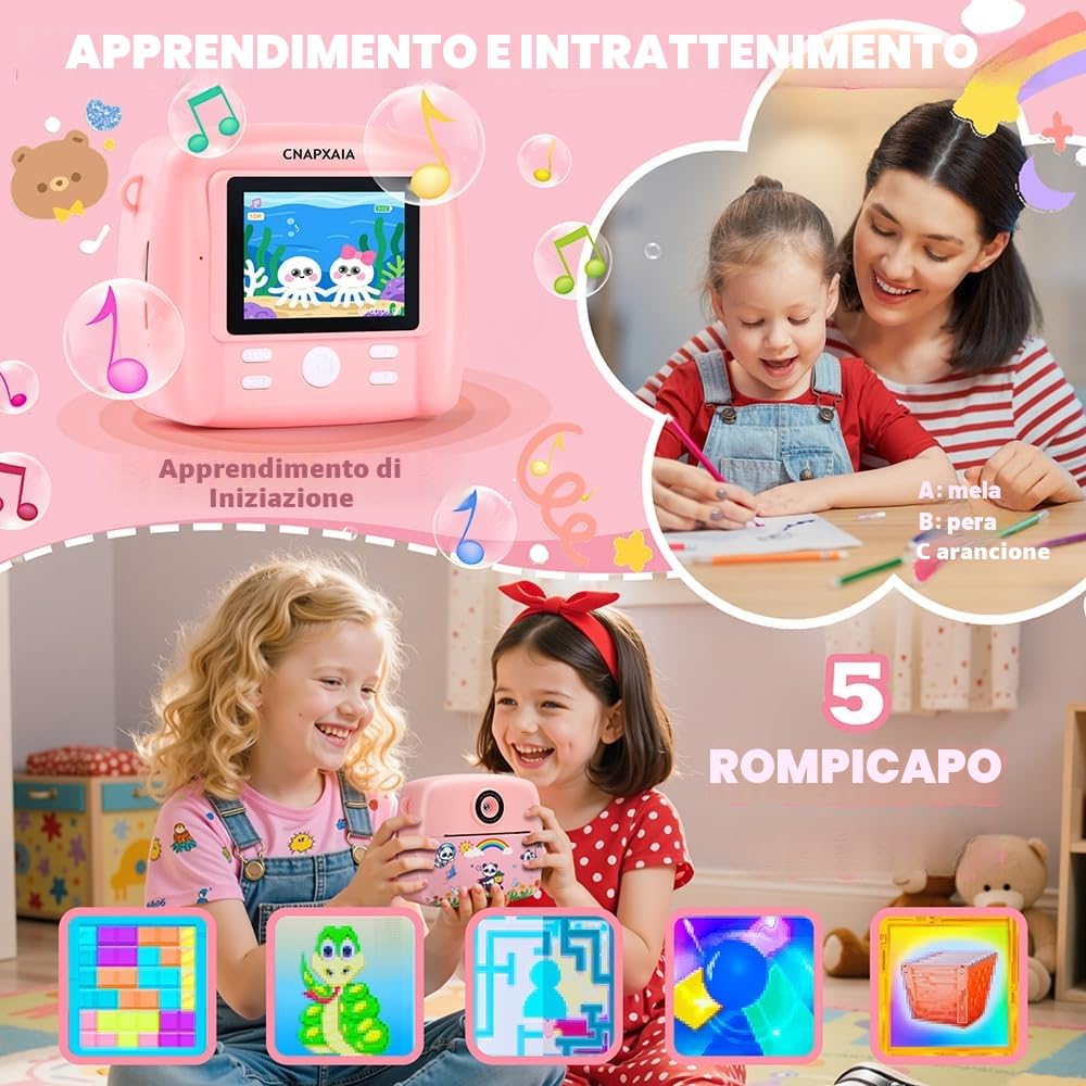 CNAPXAIA Macchina Fotografica Bambini Istantanea, 2,4" 1080P Fotocamera Digitale Bambini con 32 GB Scheda e 3 Rotoli di Carta da Stampa, Rosa