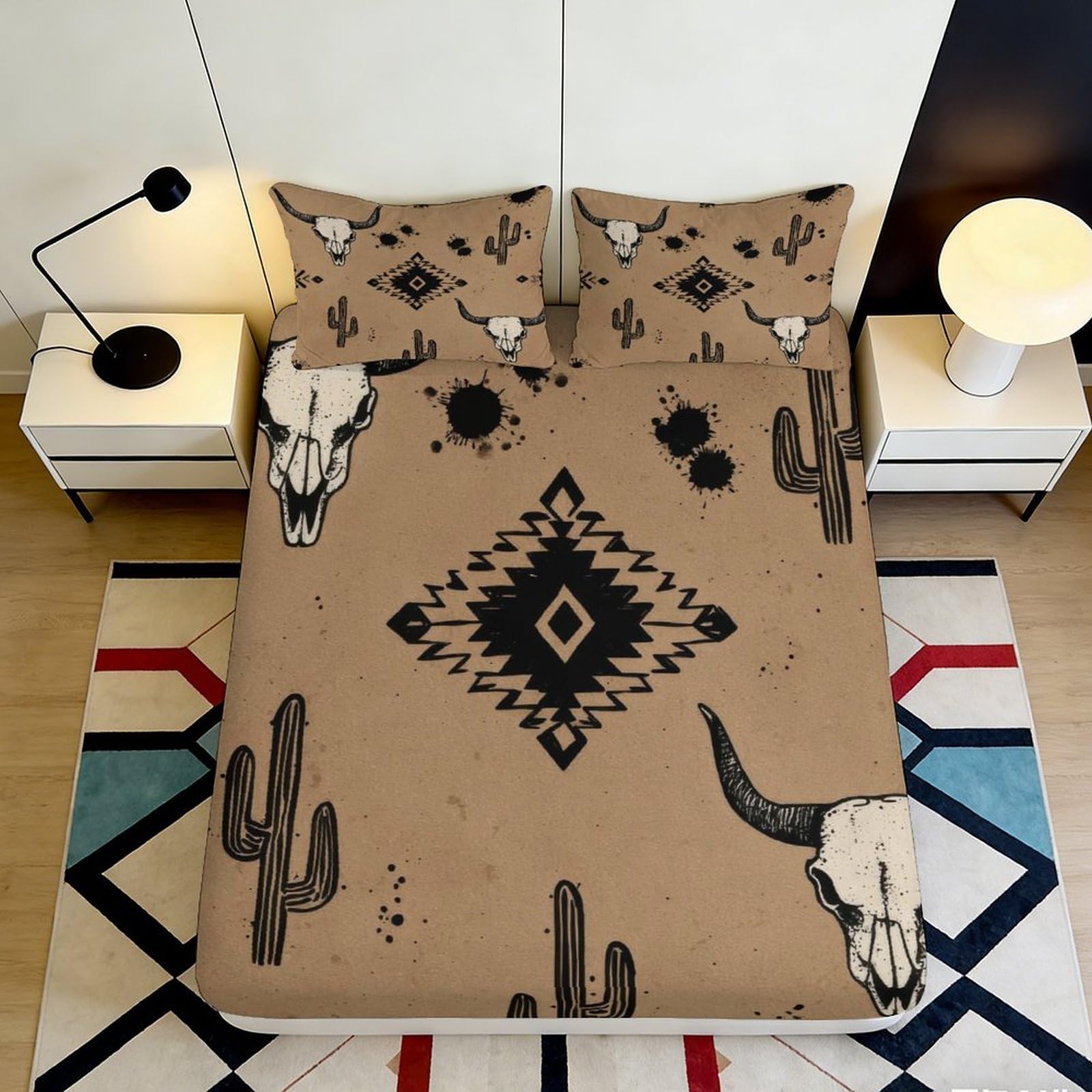 3D Printed Western Cactus Fitted Sheet Microfiber Soft Brown Skull Pattern Mattress Cover Bedroom Decor 90x200x25cm
