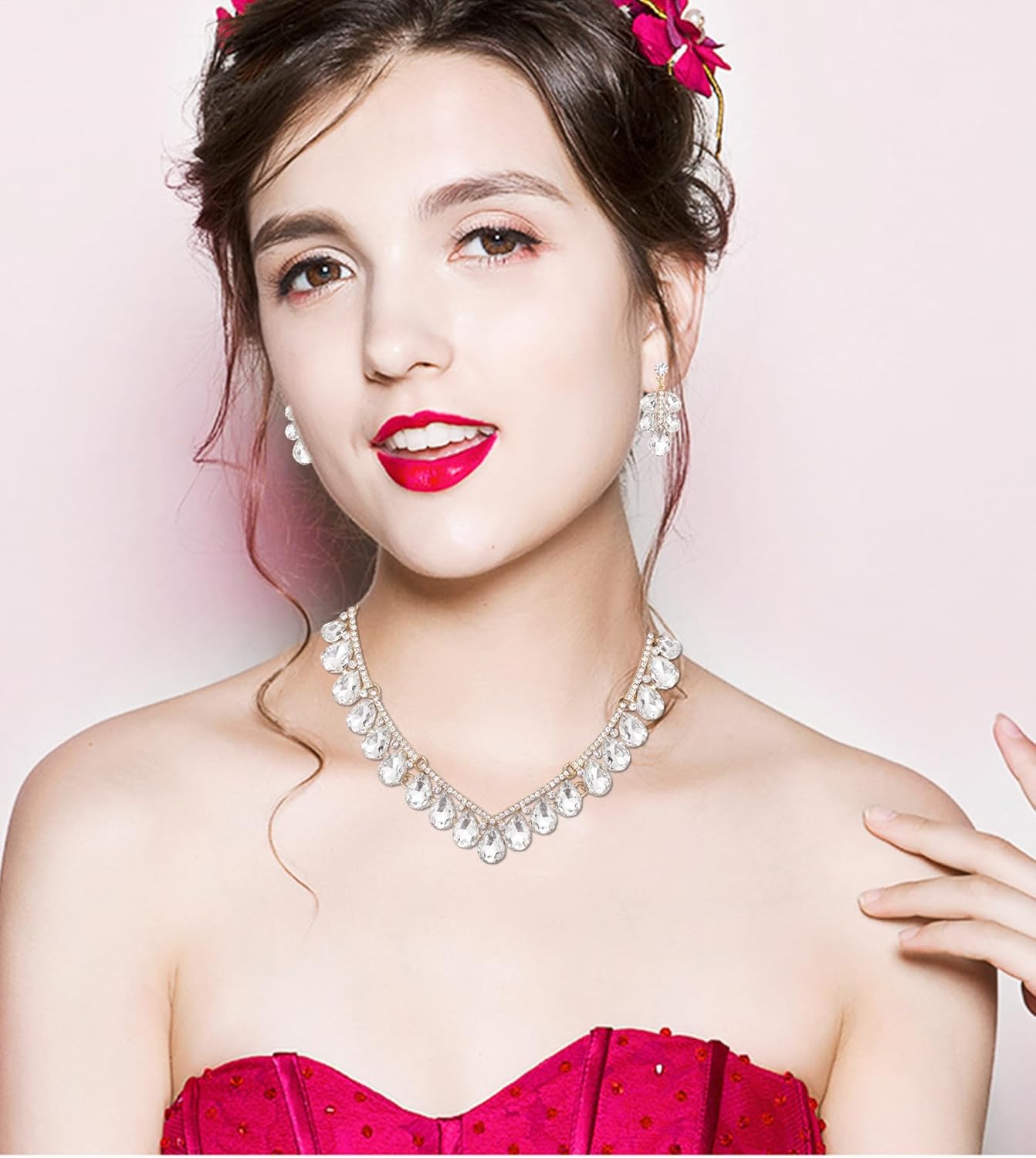 Fashion V-Shaped Crystal Jewelry Set Bridal Wedding Choker Necklace Earrings Bracelet Ring for Women Bridesmaids Party Costume Accessories - Image 2