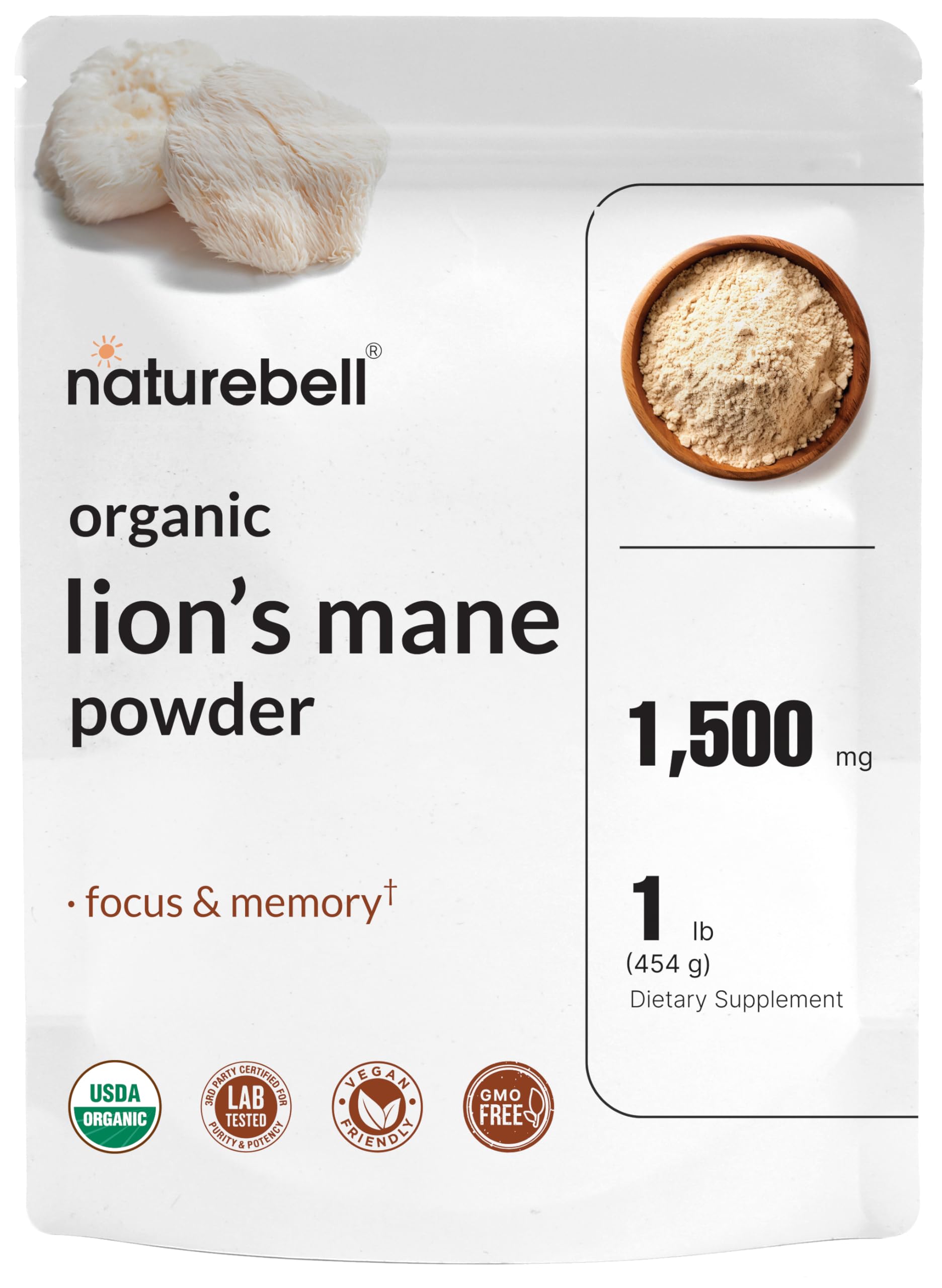 NatureBell Organic Lions Mane Powder 1,500mg Per Serving, 1lb | Whole Fruiting Body & Mycelium Mushroom Source – Focus, Memory, & Immune Health Supplement – Non-GMO, VeganNatureBell Organic Lions Mane Powder 1,500mg Pe…