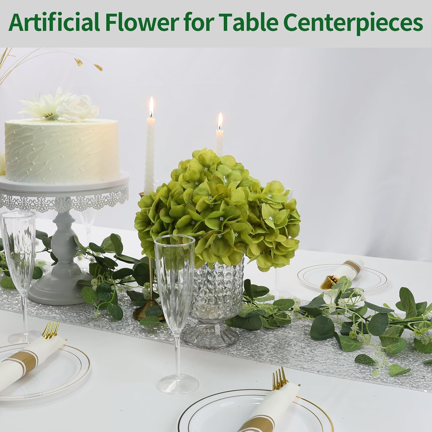 104 PCS Green Hydrangea Artificial Flowers Bulk - Faux Silk Hydrangeas Full Flowers Heads with Stems Lifelike for Wedding Centerpieces Garden Baby Shower Party Decoration - Image 2