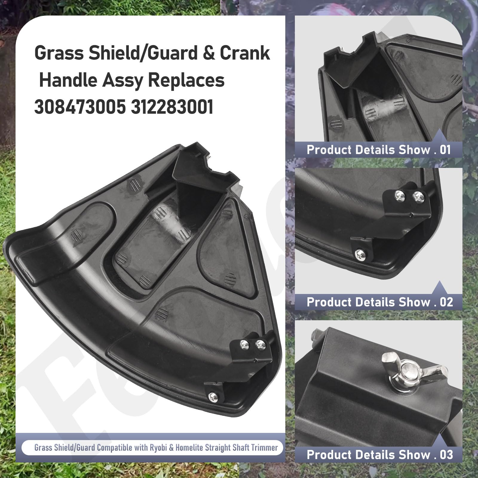 Fennoral Protector de césped 308473005 compatible con Ryobi RY253SS, UT33650B recortadora de eje recto, mango de manivela 312283001 para Ryobi Troy-Bilt Echo P2009, RY252CS, RY253SS, RY251PH,