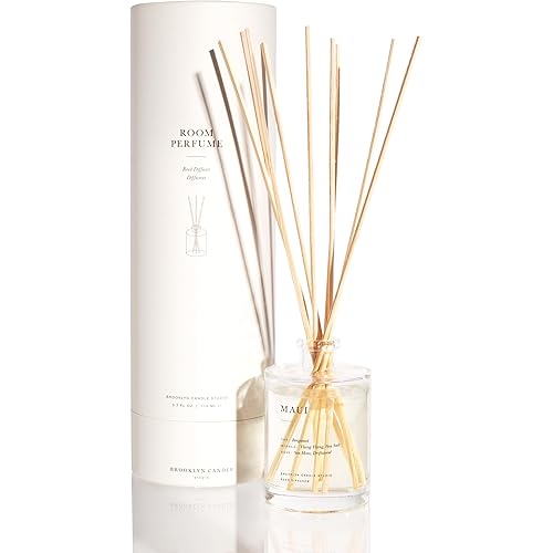 Brooklyn Candle Studio Reed Scent Diffuser - Maui - Relaxing Oil Diffuser, Sea Salt, Driftwood & Ylang Ylang Fragrance, 8 Rattan Diffuser Reeds, Clean Ingredients - 3.7oz