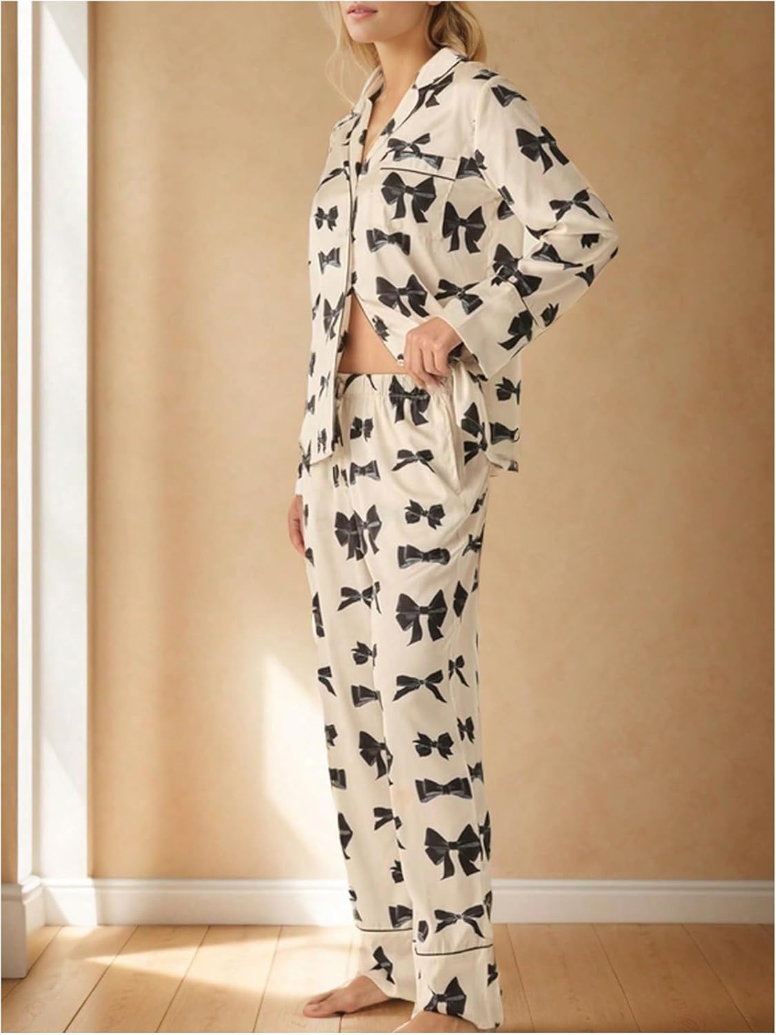 SHENHE Women's Bow Pajamas 2 Piece Long Sleeve Button Shirt and Pants Cute Pjs Set Lounge Pj - Image 3