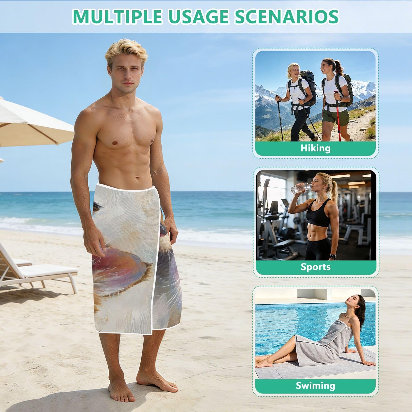 Toallas de playa grandes con bolsas de malla para adultos, gatos y perros, toalla de baño con cierre magnético, toalla absorbente de secado rápido para piscina, camping y viajes, 190 x 80 cm