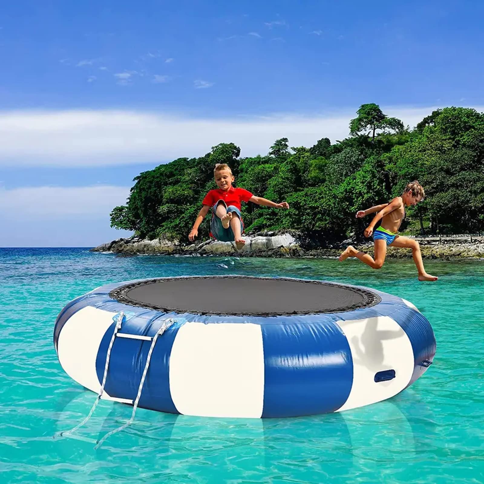 Trampolín inflable de agua con inflador eléctrico, rebotador de salpicaduras de buceo, escalera de cuerda, cuerdas de amarre y ancla para piscinas y lagos