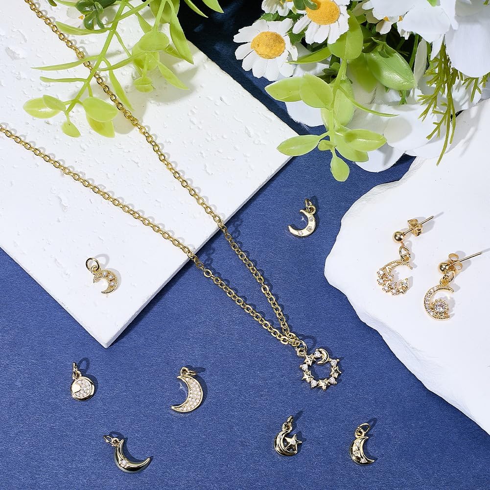 SUNNYCLUE 1 Box 10Pcs Real 18K Gold Plated Brass Celestial Charm Crystal Moon Charms Bulk Rhinestone Cubic Zirconia Crescent Moon Star Pendants for Jewelry Making Earring Necklaces Bracelet Key Chain - Image 4