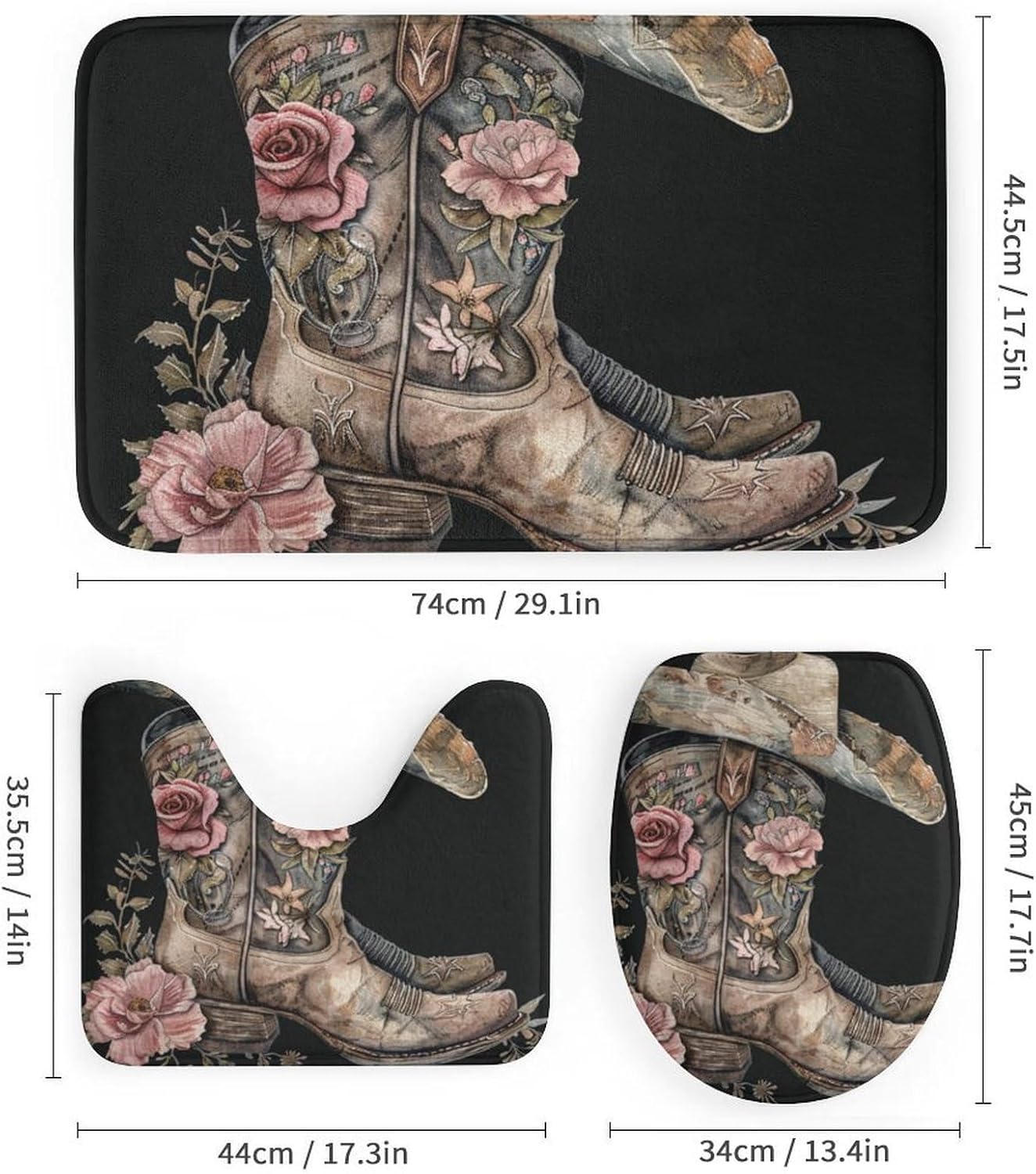 4Pcs Boot Hat Shower Curtain Set with Rugs, Toilet Lid Cover and Bath Mat, Abstract Country Western Cowboy Shoe Floral Bathroom Curtains Decor Shower Curtains, 72" x 72"