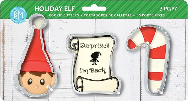 R&M Holiday Elf Cookie Cutter 3-Piece Set Stainless Steel Includes Elf with Hat, Scroll/Santa List, Candy Cane