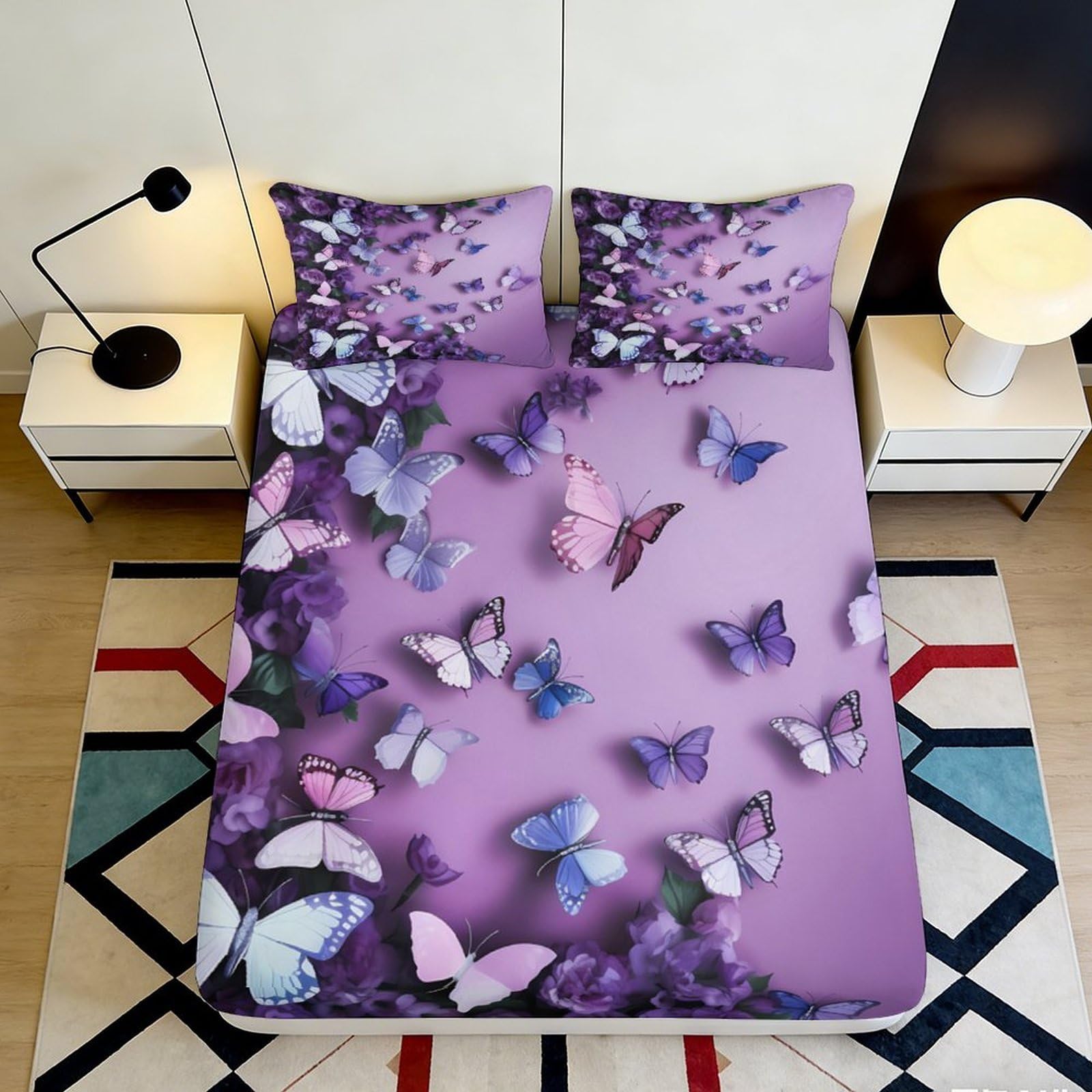 3D Printed Purple Butterfly Fitted Sheet Microfiber Non-slip Mattress Cover Bedroom Decor Dustproof Bed Sheet 90x200x25cm