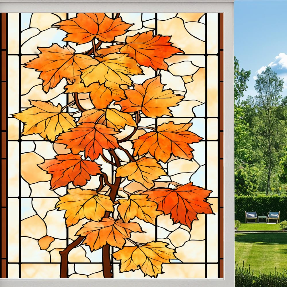 Pmlbaous Rural Leaf Texture Privacy Window Film, Colorful Natural Maple Leaves Frosted Self-Adhesive Vinyl Cling For Glass Doors Bathroom Windows Sun Blocking Heat Control, （55X100cm）